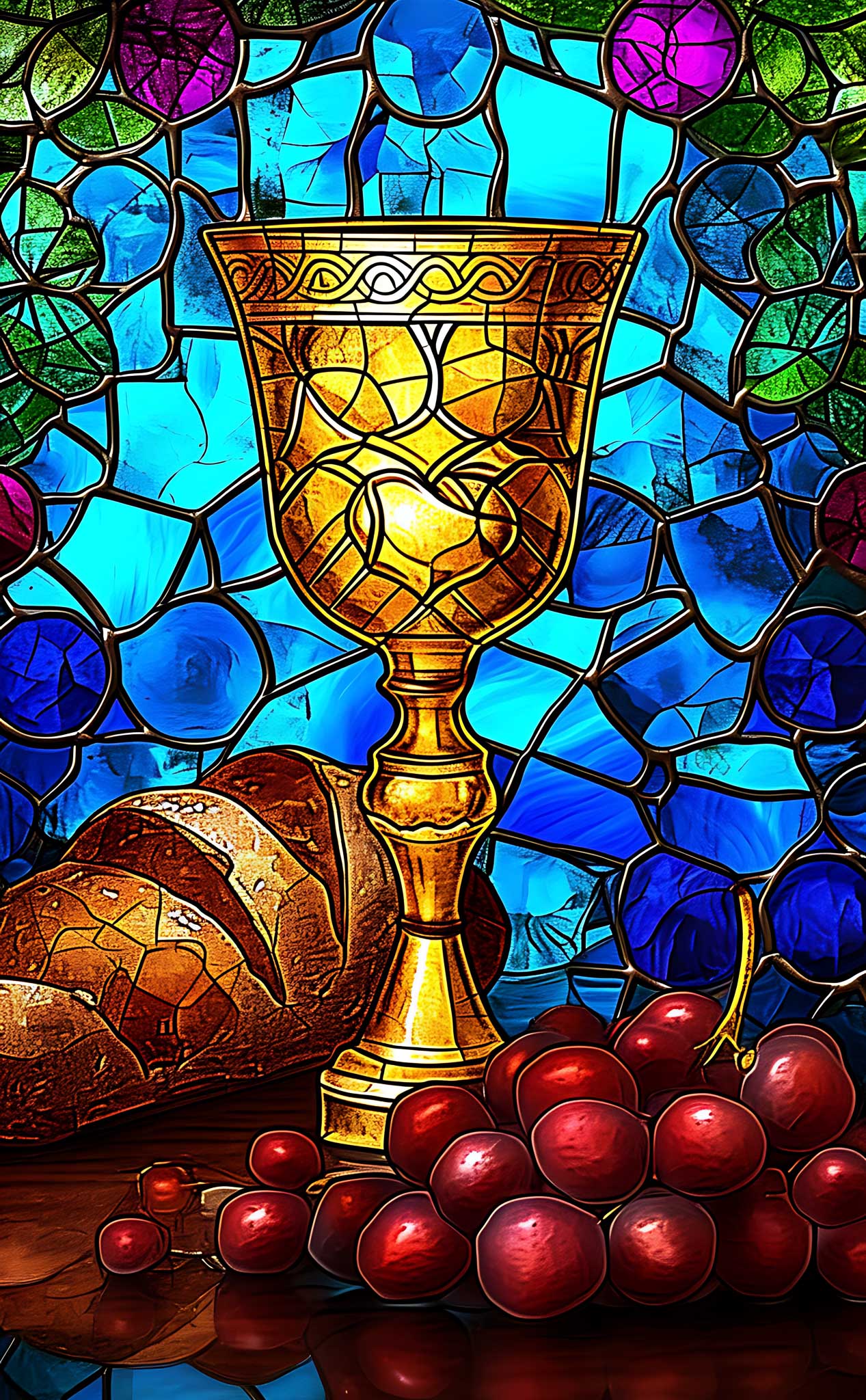 Bread and wine stained glass window.