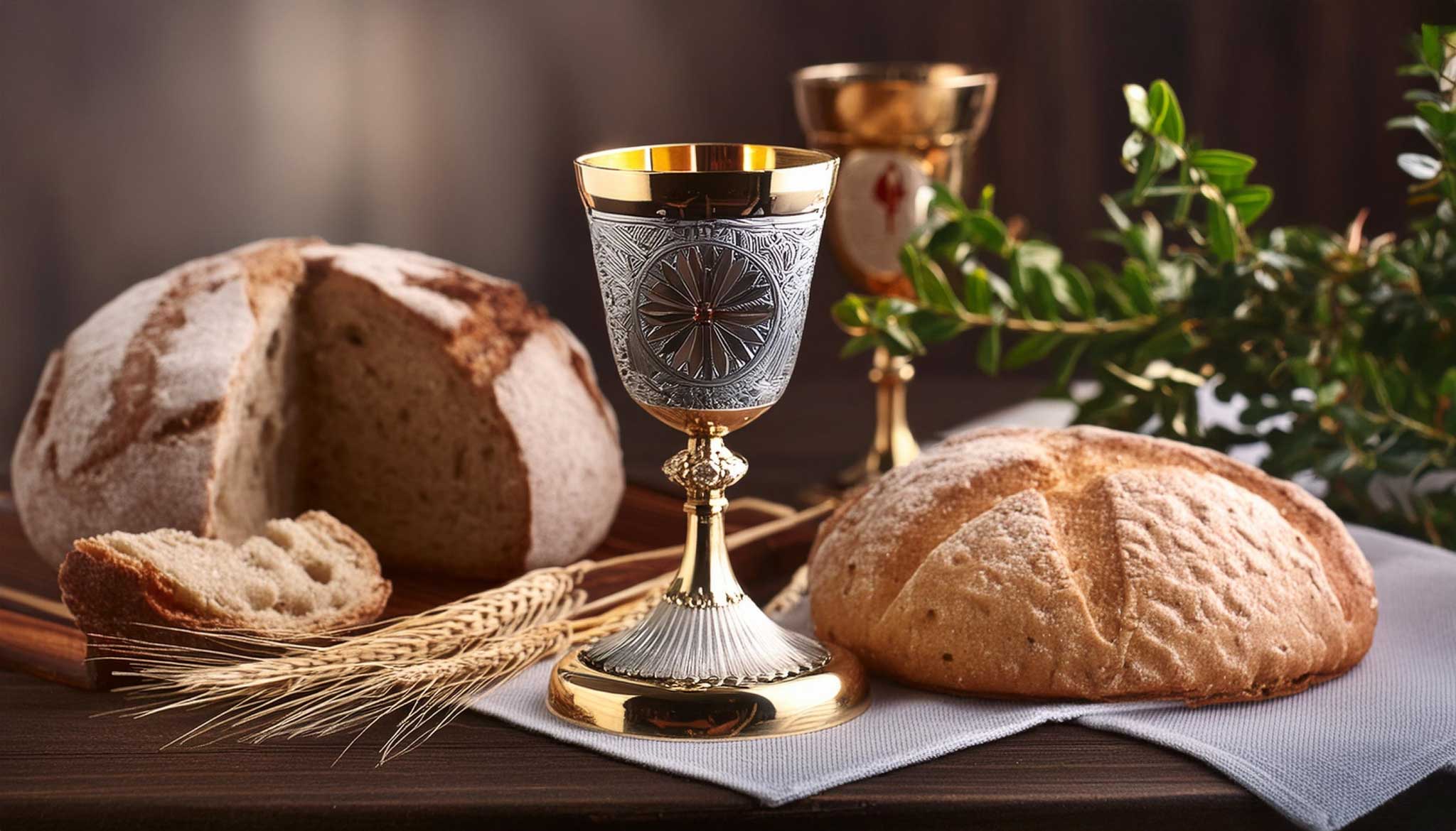 Bread, Chalice, and grapes.